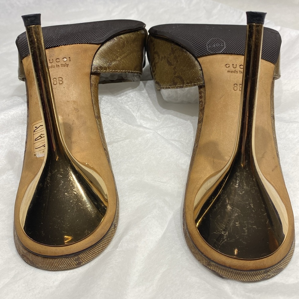 GUCCI Crystal Horsebit GG Heeled Monogram Gold Stiletto Mules size 8 & dust bag - Picture 5 of 17